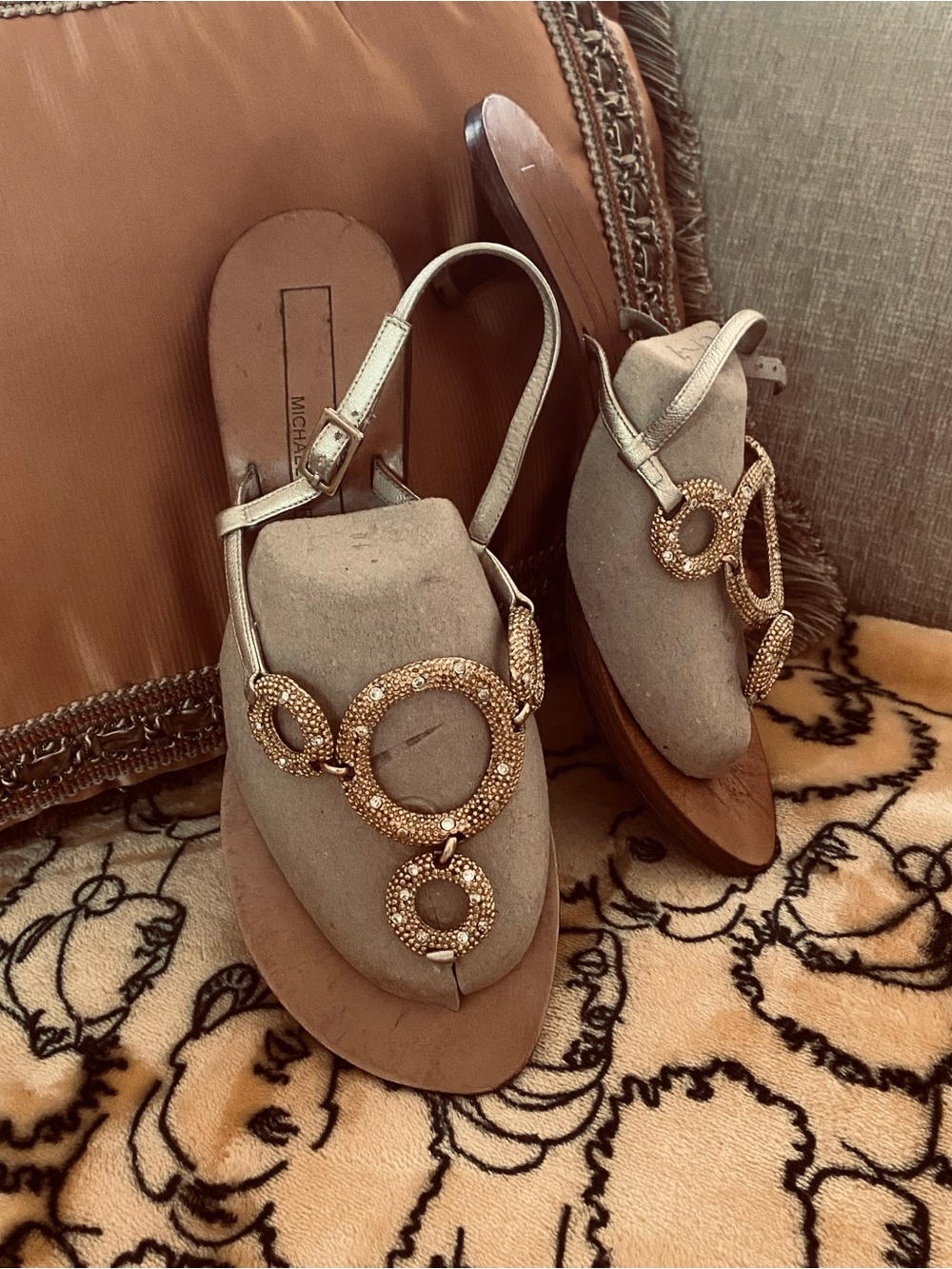 Michael Kors shoes Metallic Gold Ring-Embellished T-Strap Sandals